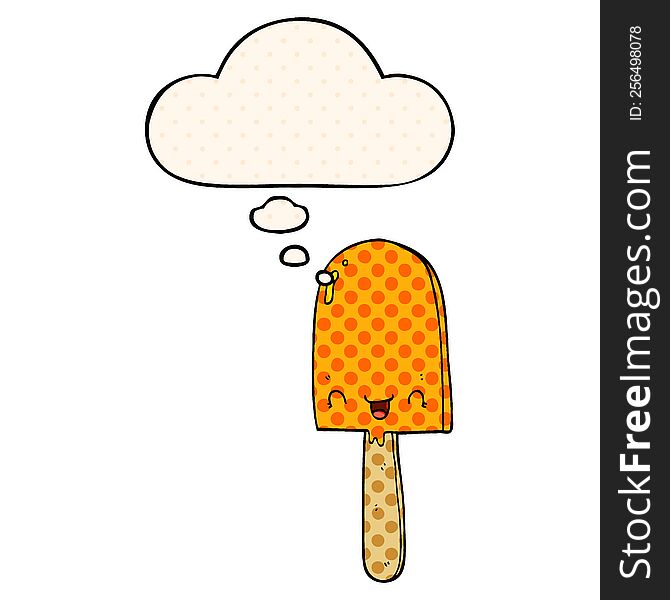 cartoon ice lolly with thought bubble in comic book style