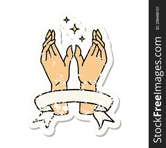 Grunge Sticker With Banner Of Reaching Hands