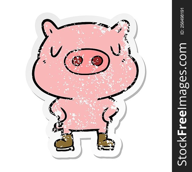 distressed sticker of a cartoon pig wearing boots