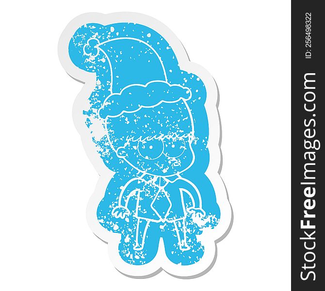 nervous quirky cartoon distressed sticker of a boy wearing shirt and tie wearing santa hat