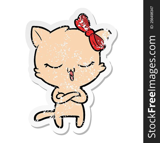 Distressed Sticker Of A Cartoon Cat With Bow On Head