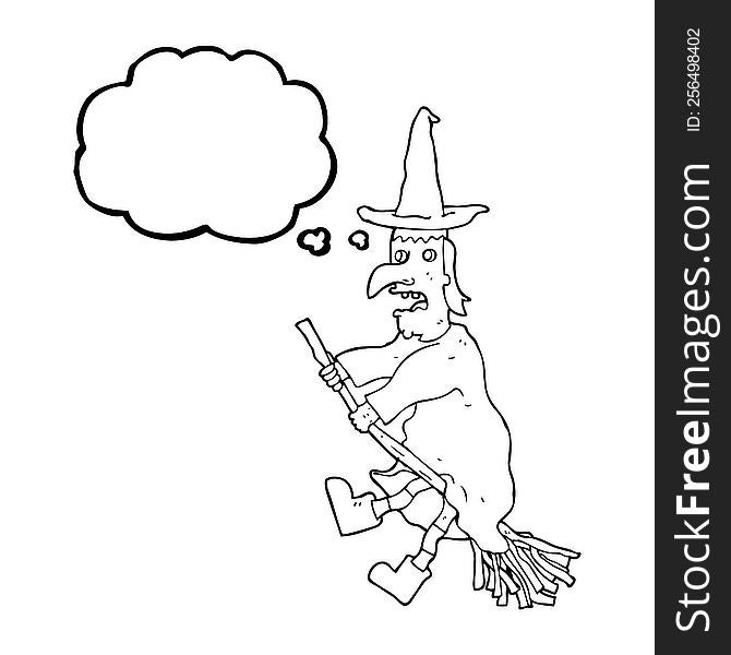 Thought Bubble Cartoon Witch Flying On Broom