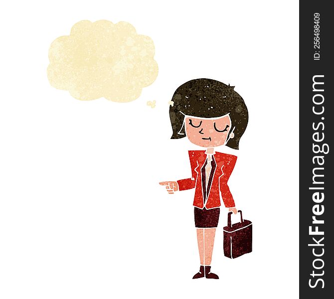 cartoon businesswoman pointing with thought bubble
