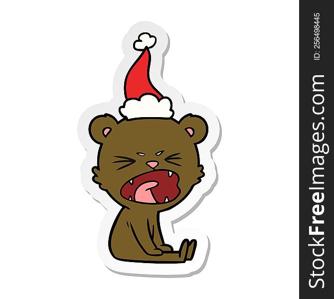angry hand drawn sticker cartoon of a bear wearing santa hat. angry hand drawn sticker cartoon of a bear wearing santa hat