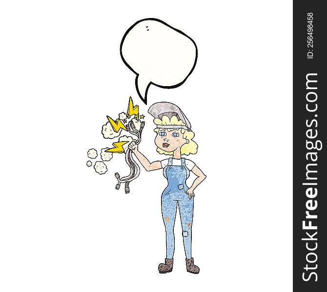 freehand speech bubble textured cartoon electrician woman
