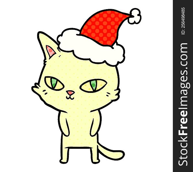 hand drawn comic book style illustration of a cat with bright eyes wearing santa hat