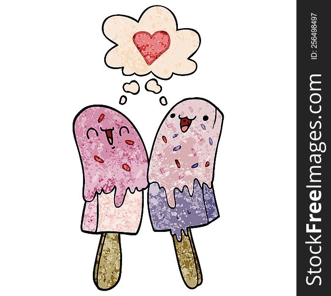 cartoon ice lolly in love and thought bubble in grunge texture pattern style