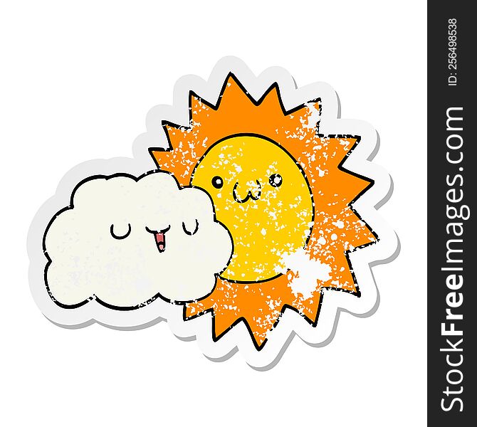 Distressed Sticker Of A Cartoon Sun And Cloud