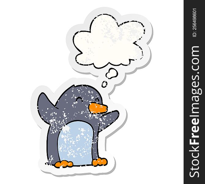 Cartoon Excited Penguin And Thought Bubble As A Distressed Worn Sticker