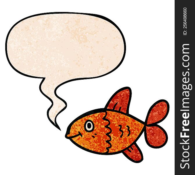 cartoon fish with speech bubble in retro texture style