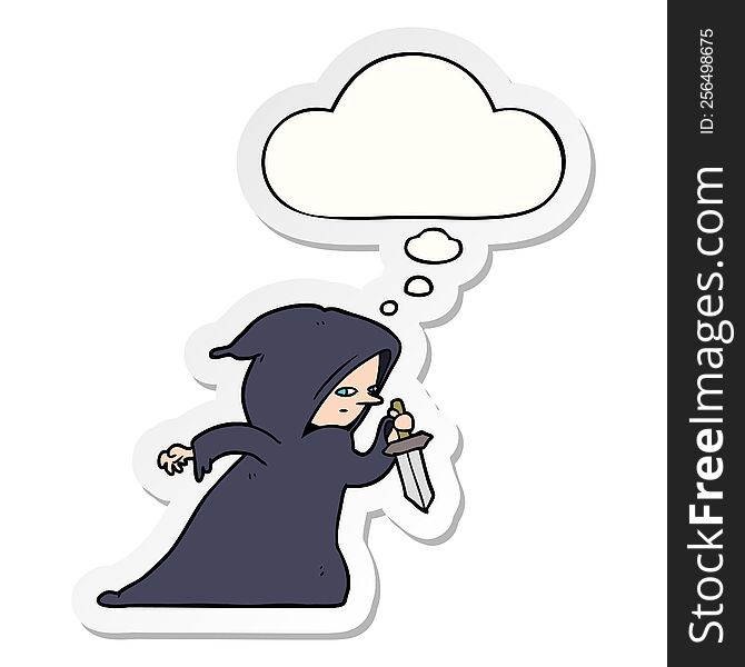 cartoon assassin with thought bubble as a printed sticker