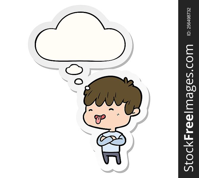 cartoon boy sticking out tongue with thought bubble as a printed sticker