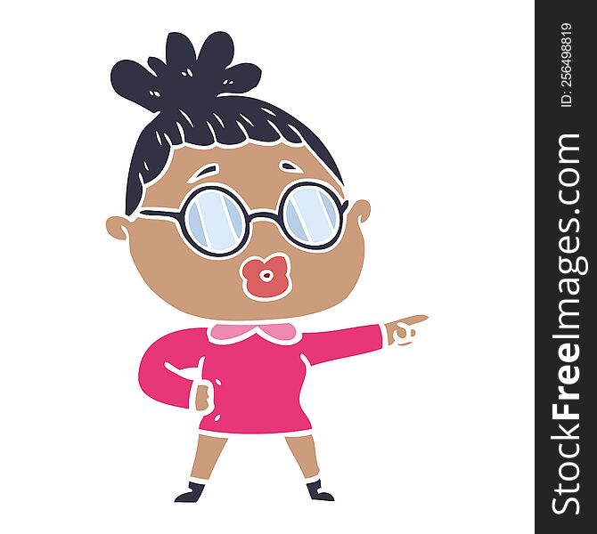 Flat Color Style Cartoon Pointing Woman Wearing Spectacles