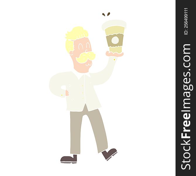 Flat Color Illustration Of A Cartoon Man With Coffee Cups