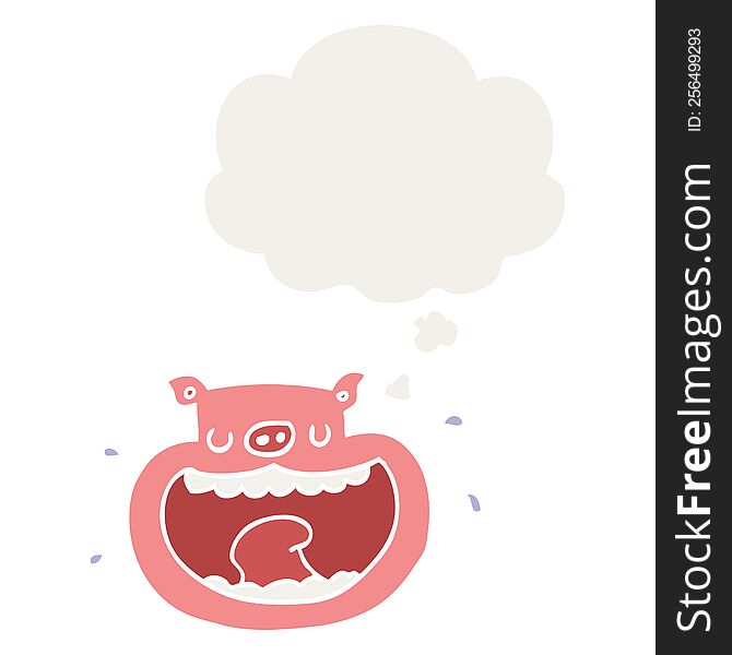 cartoon obnoxious pig with thought bubble in retro style