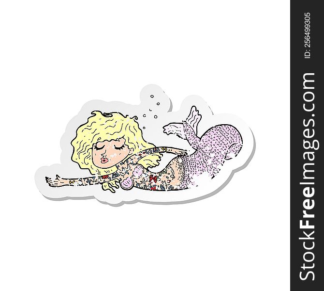 retro distressed sticker of a cartoon mermaid covered in tattoos