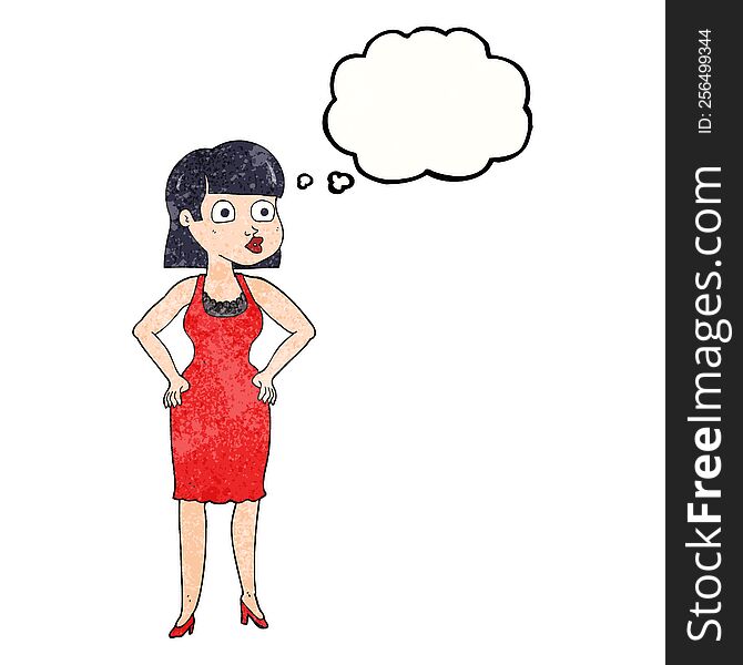 freehand drawn thought bubble textured cartoon woman in dress with hands on hips