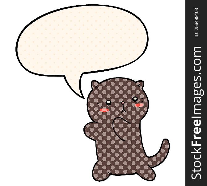 cute cartoon cat with speech bubble in comic book style