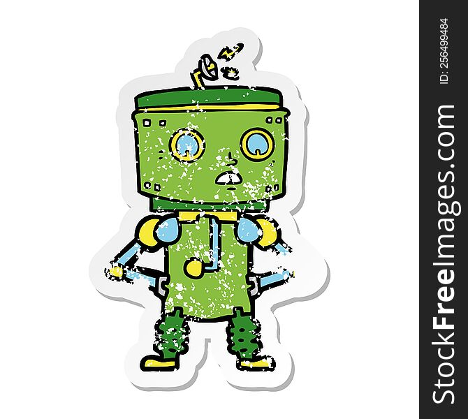 Distressed Sticker Of A Cartoon Robot With Hands On Hips