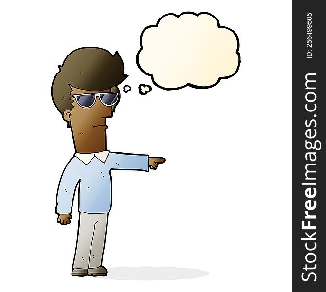 Cartoon Man In Glasses Pointing With Thought Bubble