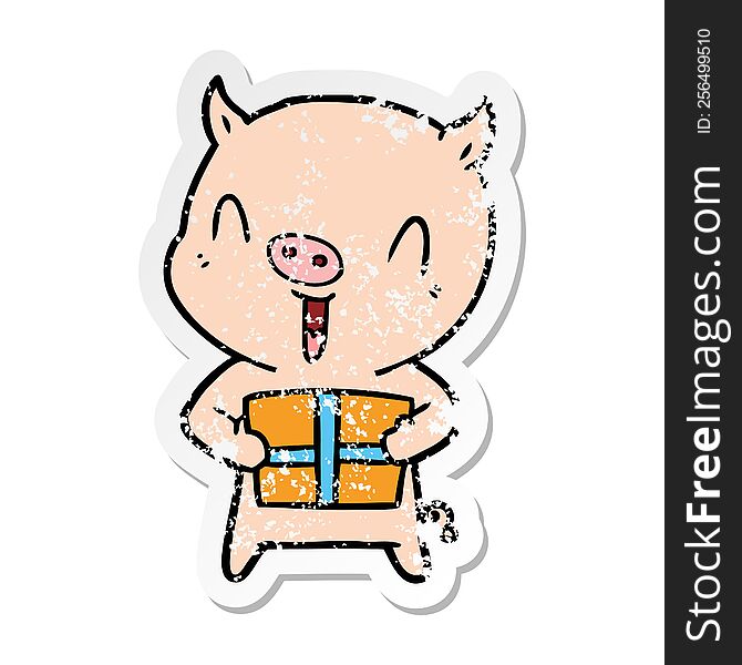 Distressed Sticker Of A Happy Cartoon Pig With Xmas Present