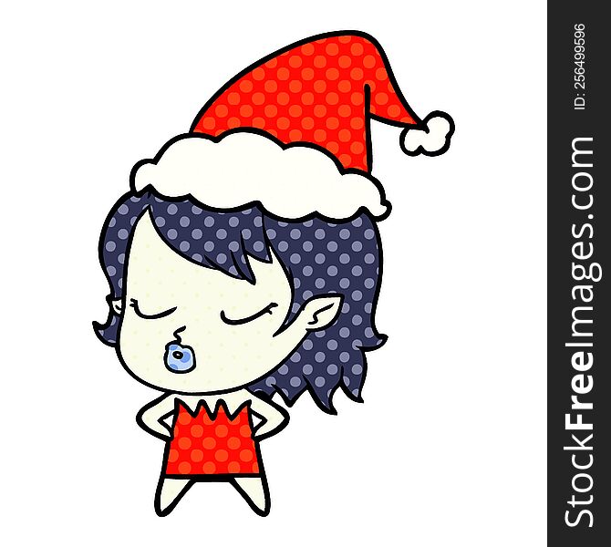 cute hand drawn comic book style illustration of a vampire girl wearing santa hat