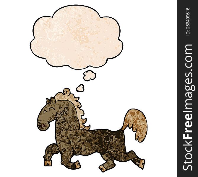 Cartoon Stallion And Thought Bubble In Grunge Texture Pattern Style