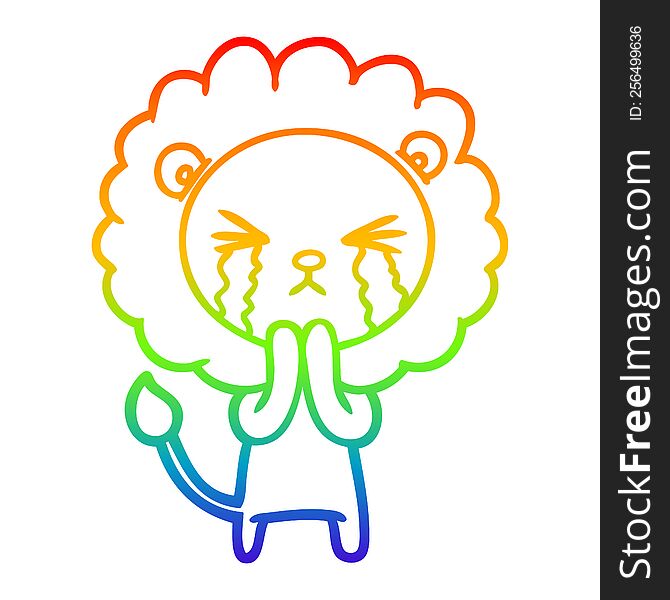 rainbow gradient line drawing of a cartoon crying lion praying