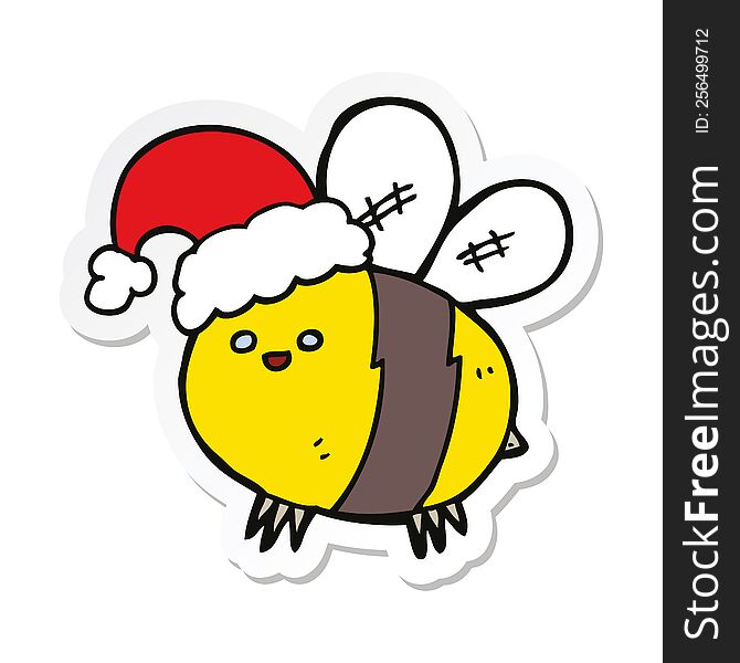 Sticker Of A Cute Cartoon Bee Wearing Christmas Hat