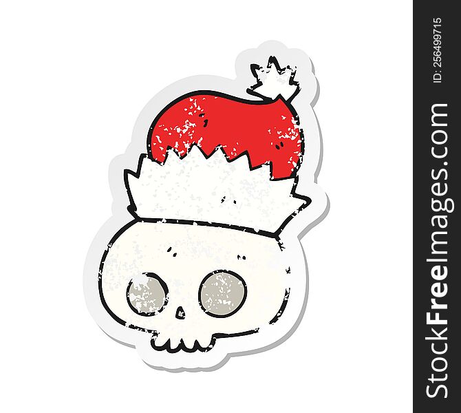 Retro Distressed Sticker Of A Cartoon Skull Wearing Christmas Hat