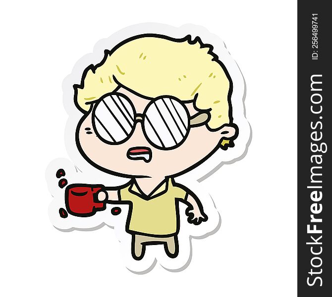 Sticker Of A Cartoon Man With Cup Of Coffee