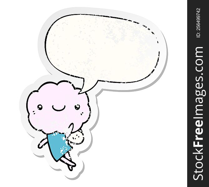 Cute Cloud Head Creature And Speech Bubble Distressed Sticker