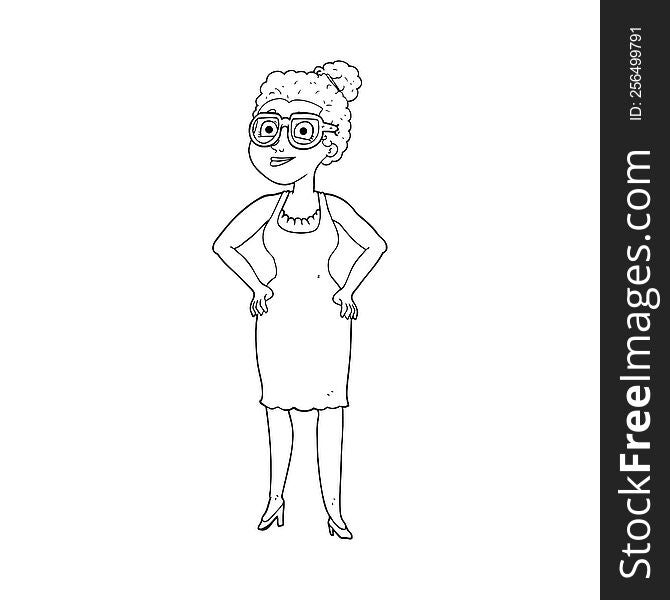 freehand drawn black and white cartoon woman wearing glasses