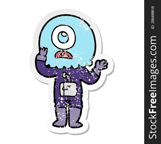 Distressed Sticker Of A Worried Cartoon Cyclops Alien Spaceman