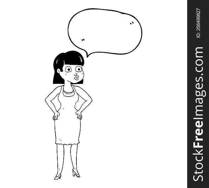 Speech Bubble Cartoon Woman In Dress With Hands On Hips