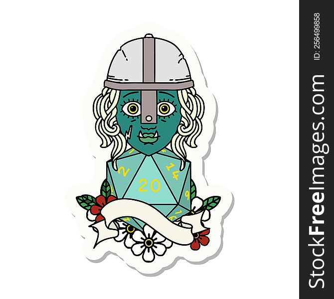 sticker of a half orc fighter character with natural 20 dice roll. sticker of a half orc fighter character with natural 20 dice roll