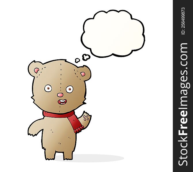 Cartoon Waving Teddy Bear With Scarf With Thought Bubble