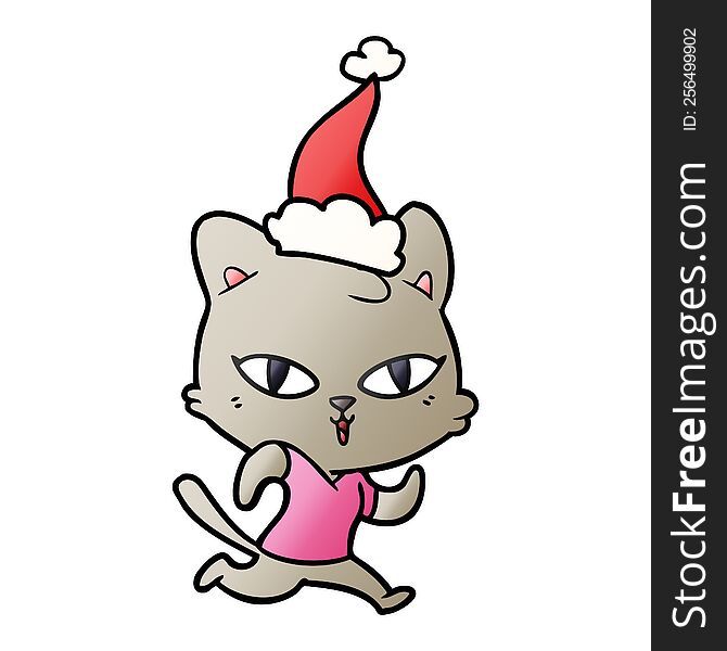 hand drawn gradient cartoon of a cat out for a run wearing santa hat