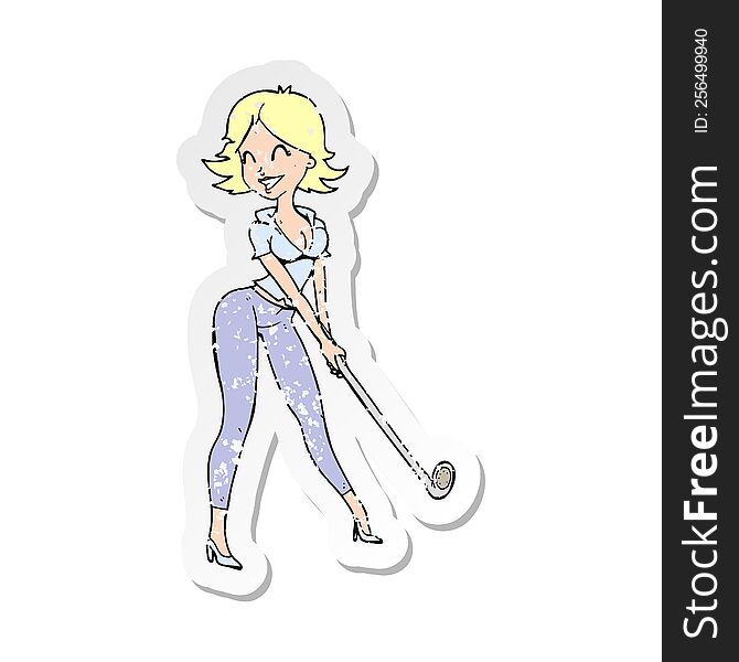 retro distressed sticker of a cartoon woman playing golf