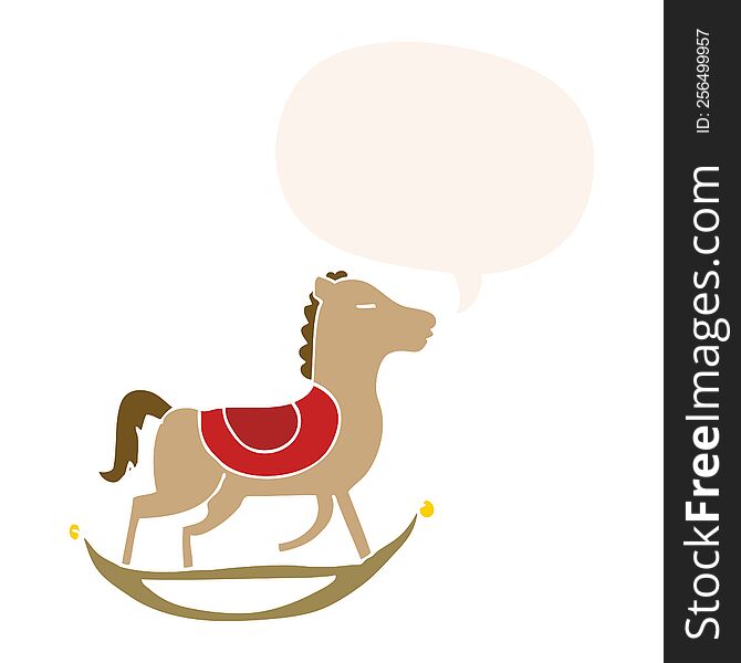 cartoon rocking horse with speech bubble in retro style
