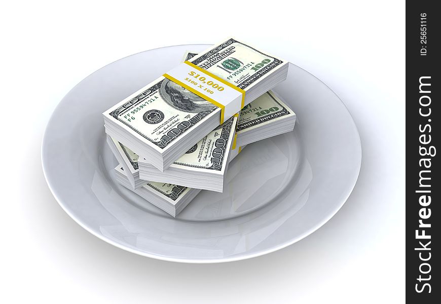 $100 bills on the white plate (3d render). $100 bills on the white plate (3d render)