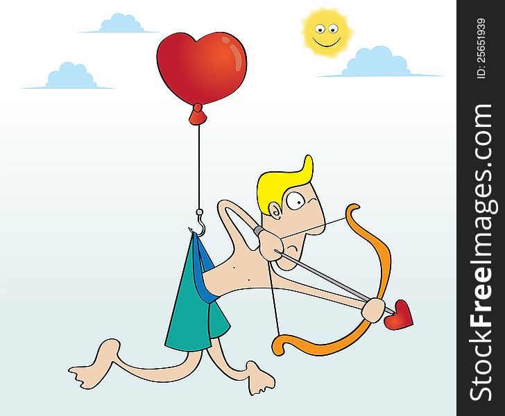 Represent a cupid who use a heart shape balloon to fly, and he is about to attack his target. Represent a cupid who use a heart shape balloon to fly, and he is about to attack his target.