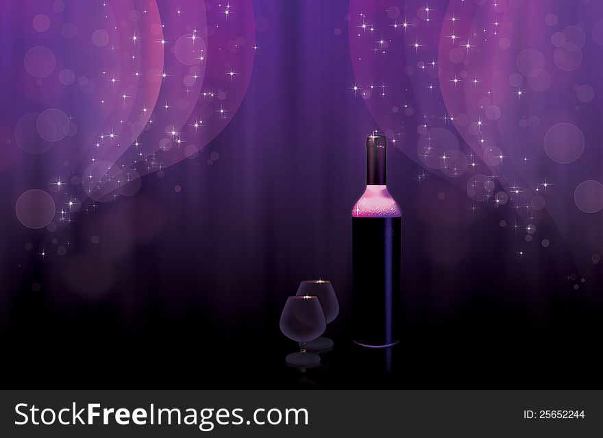 Illustration of wine bottle and glass on violet background. Illustration of wine bottle and glass on violet background.