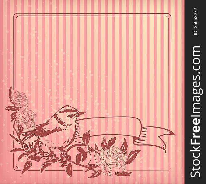 Romantic vector hand drawn pink background with bird, roses and ribbon for cards and invitation. Romantic vector hand drawn pink background with bird, roses and ribbon for cards and invitation