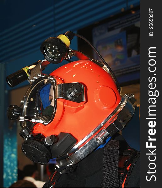 Helmet of the deep diving soft  suit with illumination device. Helmet of the deep diving soft  suit with illumination device