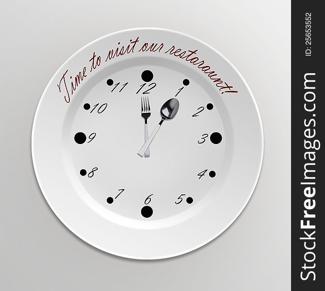 Clock with a fork and spoon and call for a restaurant. Clock with a fork and spoon and call for a restaurant.