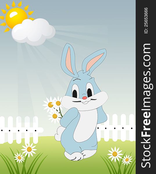 Meadow with bunny holding flower - illustration. Meadow with bunny holding flower - illustration.