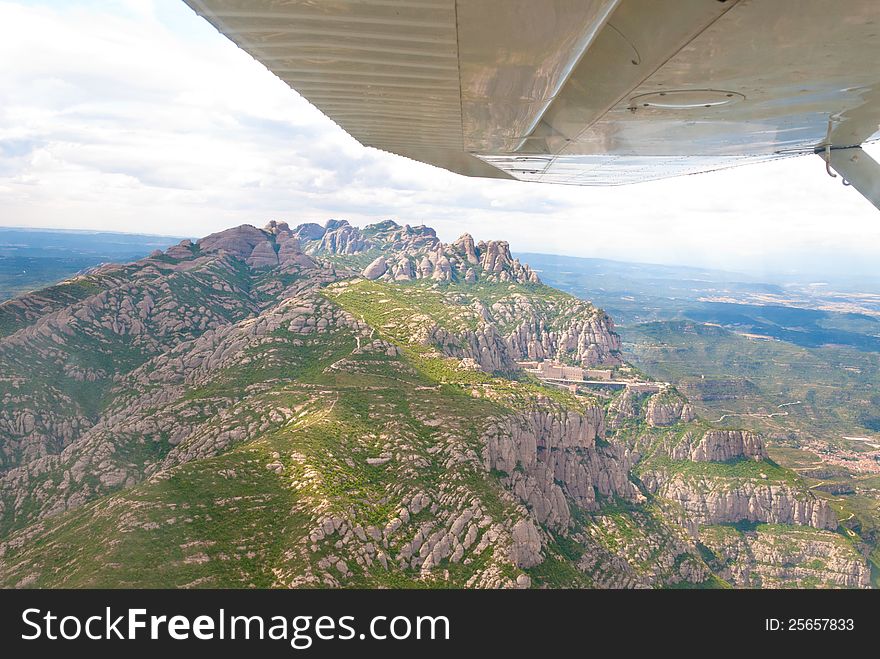 Flight over Montserrat. Catalonia, Spain. Touristic place.