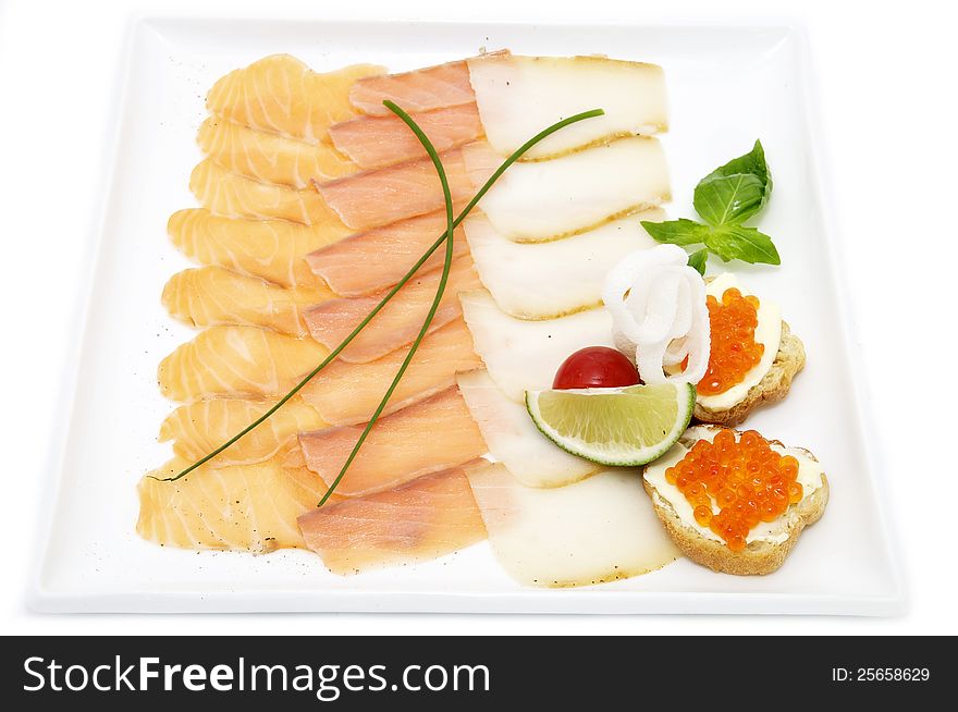 Sliced caviar sandwiches on white background