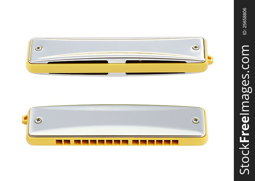 Yellow harmonica isolated on white background